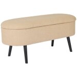 Banc coffre, bout de lit avec revtement bouclette texture, beige, pieds en bois noir, l 112 x 44 x ...