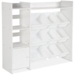 Meuble de rangement enfant. blanc. 9 bacs de rangement. 4 tagres. 1 porte