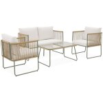 Salon de jardin en corde r�sine plastique et acier galvanis�. table basse en verre tremp�. 4 places kaki ...