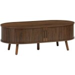 Table basse 2 portes coulissantes avec 3 compartiments effet bois rainur� noyer, l 110 x p 59 x h 39cm ...