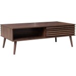 Table basse scandinave avec portes coulissantes dcor bois noyer rainur et niches de rangement