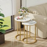 Unho - table d'appoint en marbre lot de 2 table basse rond bout de canapé en métal doré guéridons de ... Unho - table d'appoint en marbre lot de 2 table basse rond bout de canapé en métal doré guéridons de ...