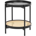 Table d'appoint moderne plateau en verre cadre rond en m�tal etag�re tresse viennoise bois clair noir ...
