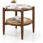 Costway - table d'appoint ronde en bois, bout de canape avec plateau en verre tremp, design cannage ...
