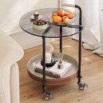 Table d?appoint ronde avec plateau en verre, table d?extrmit 2 niveaux avec poigne et roulettes verrouillab ...