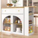 Table de bar extensible, buffet avec �tag�res et verre, blanc (138 - 204 � 39 � 104 cm)