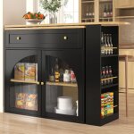 Table de bar extensible, buffet avec �tag�res et verre, noir (138 - 204 � 39 � 104 cm)