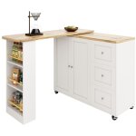 Table de bar extensible pivotante blanche - 3 tiroirs, 2 portes, roulettes - 138 - 209x39x106cm