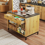 Table de bar - �lot de cuisine 120 x 75 x 90 cm, style campagne, 2 tiroirs + 4 �tag�res ouvertes, plan ...