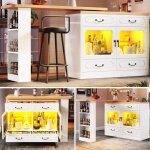 Table de bar et �lot de cuisine extensible avec led et rangement, table � manger rotative 360� et buffet ...