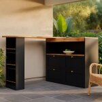 Table de bar de jardin modulable - noir et bois naturel, pivotante avec �tag�res, tiroirs dor�s et rangement ...