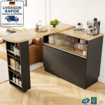 Table de bar moderne rotative  360 90 x 45 x 100 cm avec tagres de rangement ouvertes, 2 portes vitres, ...