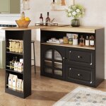 Table de bar noir, buffet rotatif 360�, design moderne, 2 tiroirs, �tag�re snack, vitrage cintr�