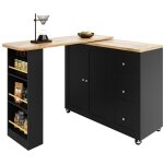 Table de bar pivotante 360 - 138x209x39x106cm - 3 tiroirs, 2 portes, roulettes - noir