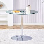 Table de bar ronde en verre tremp� de 85 cm de diam�tre, 76 cm de hauteur, structure en m�tal argent�, ...