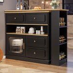 Table de bar rotative  360  avec 4 tiroirs et portes verre - bar de cuisine noir mdf - 125x39x101, ...