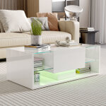 Nmonet ? table basse fixe 100 cm ? �clairage led int�gr� ? verre tremp� et mdf laqu� brillant ? tiroir ...