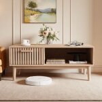 Table basse - 100x50cm - bois naturel - tiroir - style scandinave - blanc / ch�ne clair