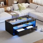Table basse 100x50x40 cm, table de canap� rectangulaire, avec �clairage led 16 couleurs, 2 grands tiroirs, ...