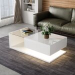 Table basse 105x55x32, 5 cm, plateau en verre, �clairage led et �tag�re de rangement, 1 tiroir, en bois, ...