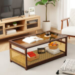 Table basse � 2 niveaux, 108, 5�53�42cm, plateau en verre, �tag�re en rotin, pour chambre, appartement ...