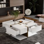 Modernluxe - table basse - 4 tiroirs - espace de rangement en bas - 78x78x36cm - blanc & marron Modernluxe - table basse - 4 tiroirs - espace de rangement en bas - 78x78x36cm - blanc & marron