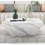 Eifson - table basse 70 cm, avec 2 tiroirs, design trapzodal, placage marbre blanc, style contemporain, ...