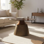 Table basse 70x70x41cm en verre brun et pied en m�tal bronze