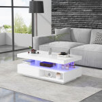 Table basse 95x50x42. 5cm surface laqu�e brillante led 2 tiroirs panneau de particules blanc