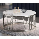 Table basse atmos ronde plateau verre tremp� marbr� blanc pieds chrome d80x45cm