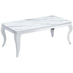 Table basse baroque rectangle plateau verre tremp� marbr� blanc pieds chrome 120x60x45cm