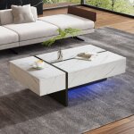 Table basse blanc 105 x 60 x 35 cm, 3 tiroirs, plateau laqu� effet marbre, led contr�lable via application, ...