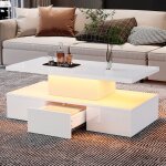 Table basse blanc rectangulaire moderne avec �clairage led et tiroirs de rangement, design scandinave ...