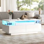 Table basse blanche brillante 90x45x35. 5cm avec 2 tiroirs, plateau verre tremp� et �clairage led, design ...