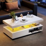 Table basse blanche brillante, table de salon avec plateaux en verre, tiroirs et compartiments ouverts, ... Table basse blanche brillante, table de salon avec plateaux en verre, tiroirs et compartiments ouverts, ...