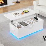 Table basse blanche brillante, table d'appoint avec clairage led, espace de rangement cach et lvateur ...