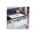 Table basse blanche brillante avec clairage led, plateau de rangement relevable, panneaux de particules, ...