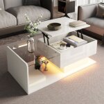 Table basse blanche brillante, table basse avec plateau en verre et effet led, 100x50x48 cm