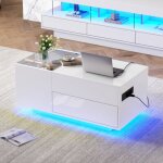 Table basse blanche brillante, table basse relevable avec rangement dissimul, clairage led et prise, ...