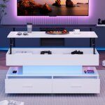 Table basse blanche plateau relevable  hauteur rglable 2 tiroirs et espace de rangement ouvert avec ...