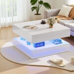 Table basse - blanche - relevable - extensible - led rgb 6000 couleurs - 78cm carr�e