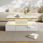 Table basse brillante avec 2 étagères et tiroirs, éclairage led intégré, design laqué moderne pour salon ... Table basse brillante avec 2 étagères et tiroirs, éclairage led intégré, design laqué moderne pour salon ...