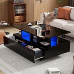 Table basse brillante 90 x 55 x 41 cm avec �clairage led et 2 tiroirs, table d'appoint avec espace de ...