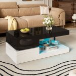 Table basse brillante avec �clairage led et �tag�re en verre, design noir et blanc, 90x45x35, 5 cm