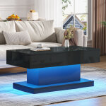 Table basse brillante noire 100x50x45 cm, table de salon avec 2 tiroirs, table d'appoint avec barre lumineuse ...