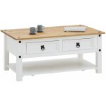 Table basse campo avec 2 tiroirs et 1 étagère, en pin massif blanc et brun Table basse campo avec 2 tiroirs et 1 étagère, en pin massif blanc et brun