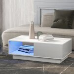 Okwish - table basse carre blanche brillante, table de salon avec clairage led et tiroir, pour salon, ...