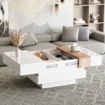 Table basse carré blanche brillante avec plateau extensible, espace de rangement caché et séparateurs, ... Table basse carré blanche brillante avec plateau extensible, espace de rangement caché et séparateurs, ...