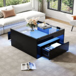 Table basse carr� en verre 70x70x35cm avec 2 tiroirs led compartiment rangement style moderne et minimaliste ...