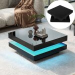 Table basse carr�e 70 cm, laqu�e avec plateau rotatif � 360 degr�s et lumi�re led - table de salon design ...